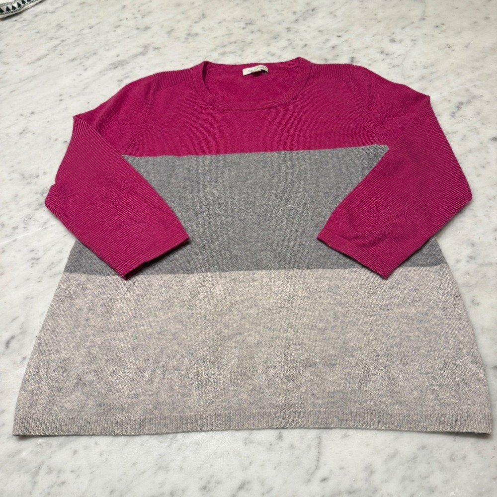 Garnet Hill 100% Cashmere Sweater Womens Medium Pink Gray Colorblock 3/4 Sleeve